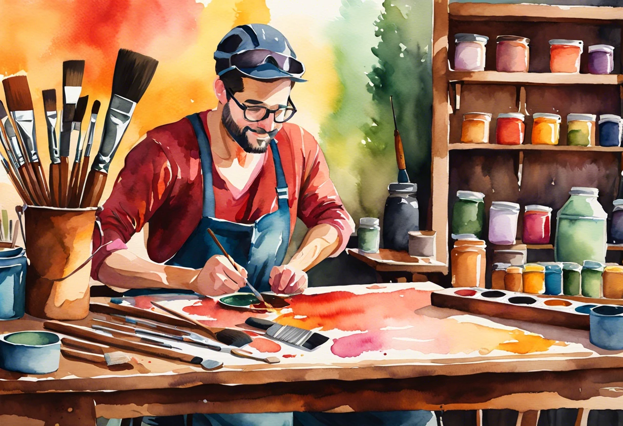 Man painting pressure treated lumber in a workshop, showcasing the process of applying stain.