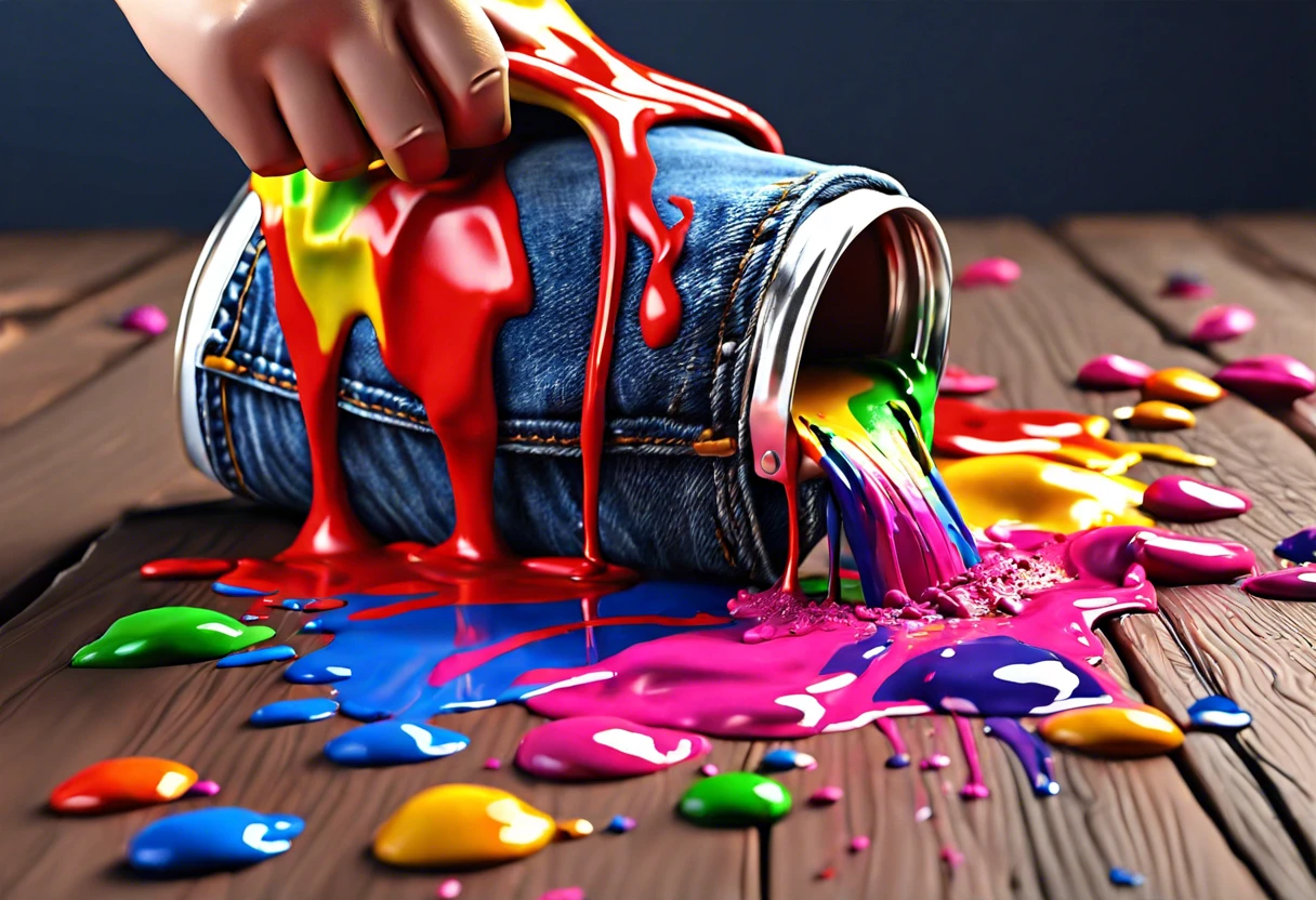 Spilled paint on denim fabric showing colorful stains related to how paint can come off clothes