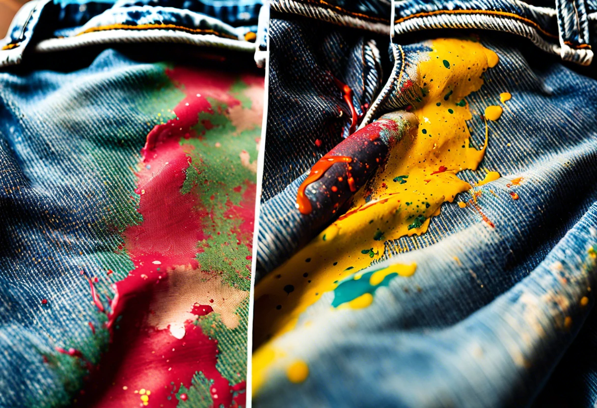 Close-up of jeans with red and yellow paint stains, demonstrating the challenge of removing paint from clothing.
