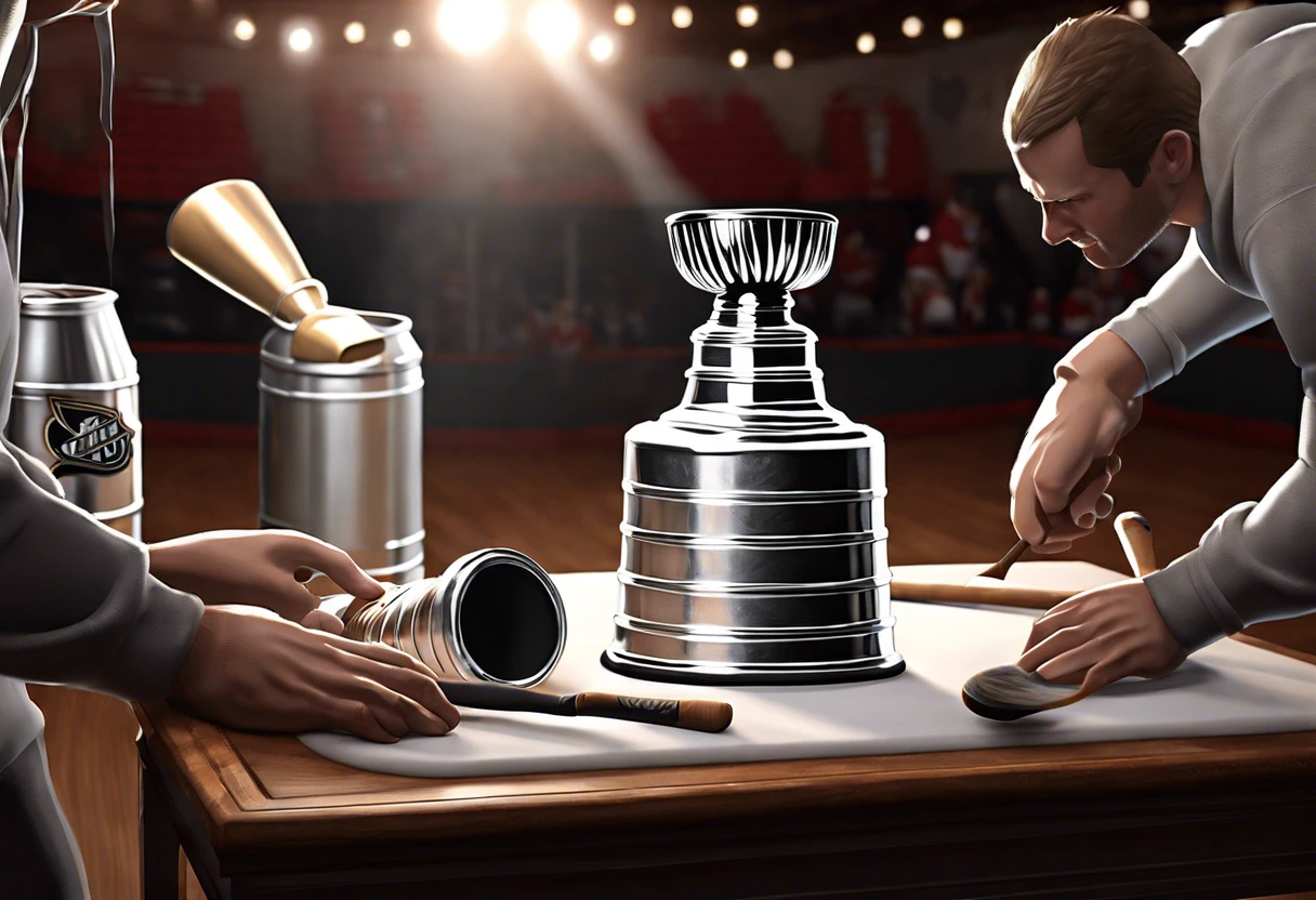 Illustration of a Stanley Cup being painted, showcasing artistic techniques related to the Stanley Cup.