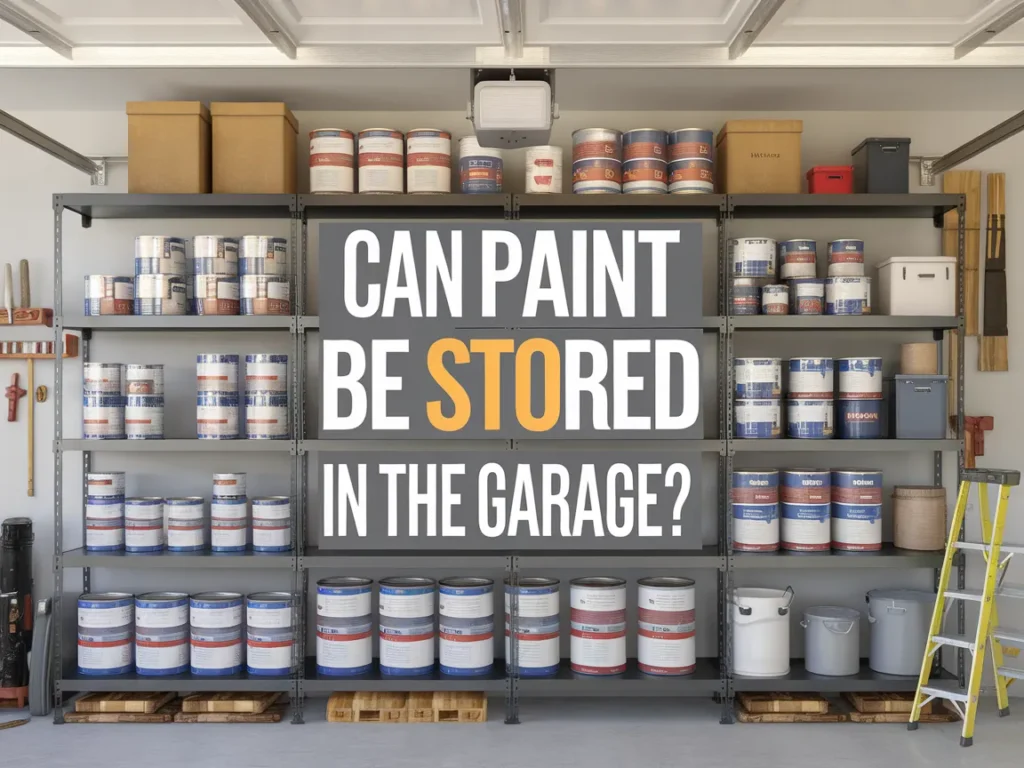 Shelves filled with paint cans, illustrating the question of whether paint can be stored in the garage.
