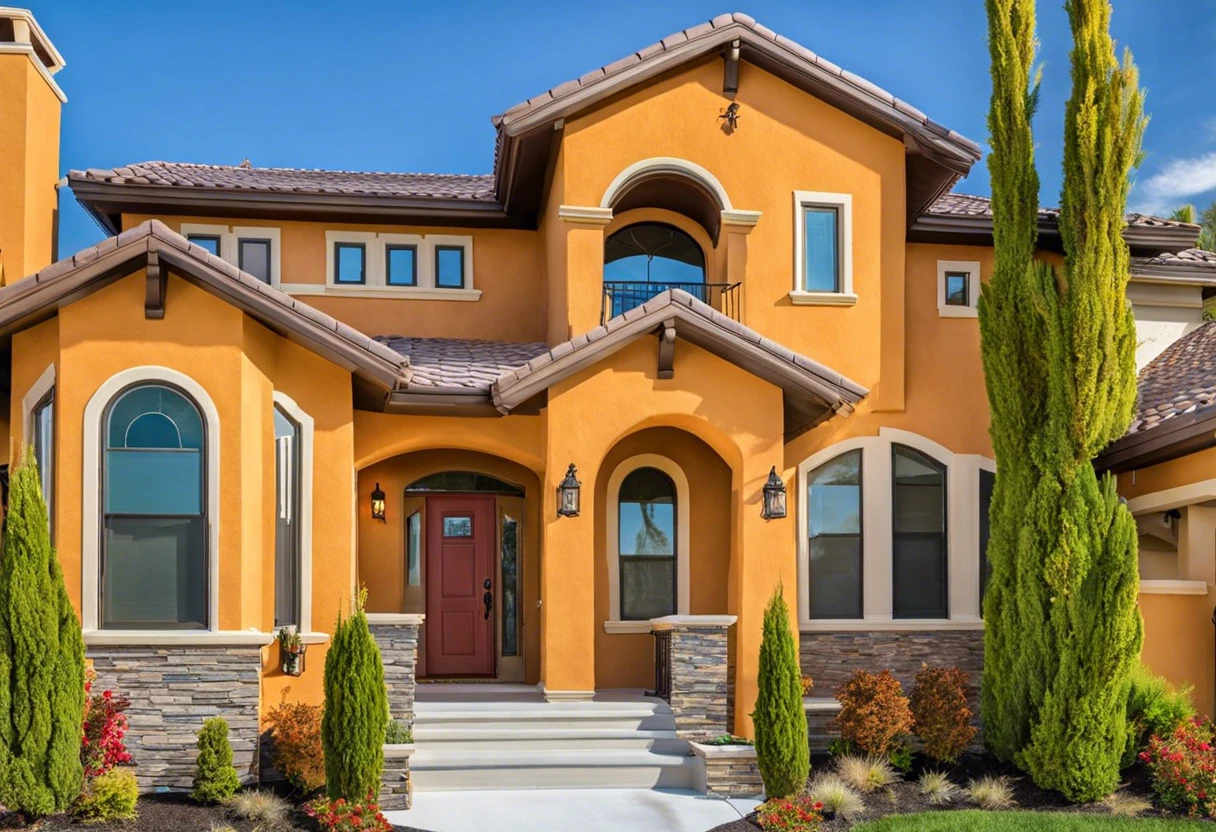 Beautiful stucco exterior of a home painted in vibrant orange, showcasing the results of painting stucco.