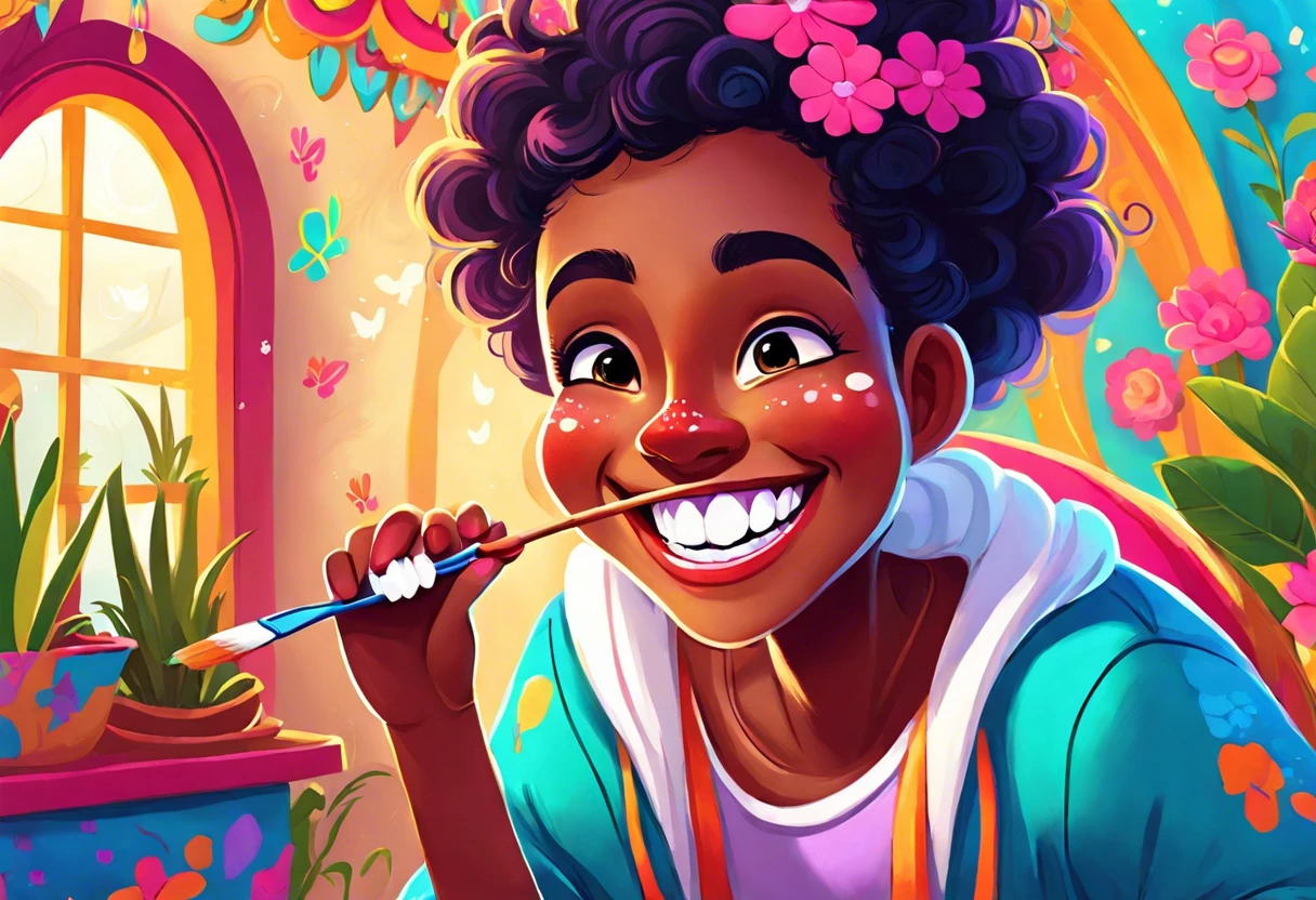 Child happily painting their teeth white with a brush, illustrating the idea of teeth whitening.