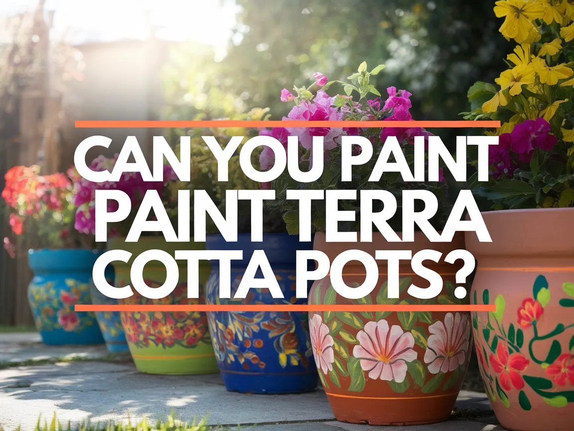 Colorful painted terra cotta pots with flowers in a garden setting