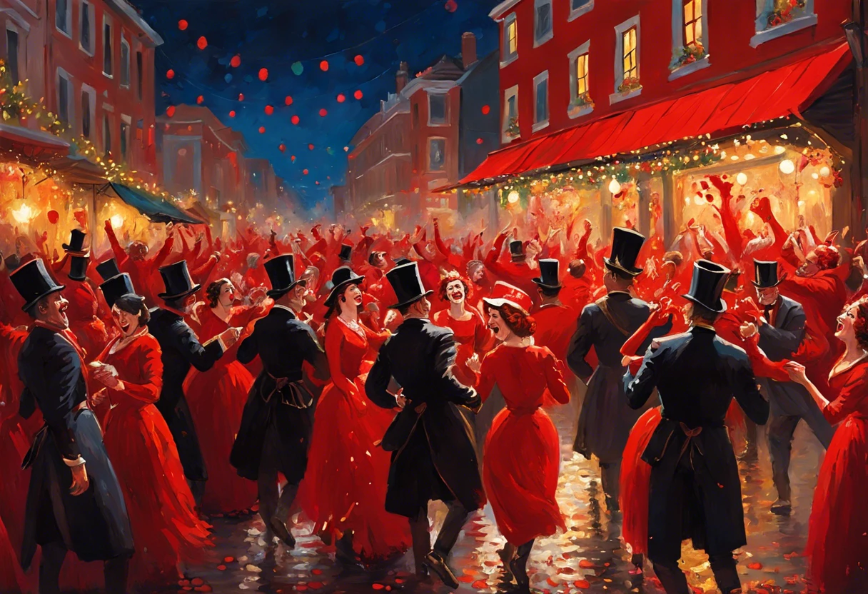 A vibrant depiction of a festive celebration where revelers dressed in red dance and enjoy the night, illustrating the saying 'paint the town red.'