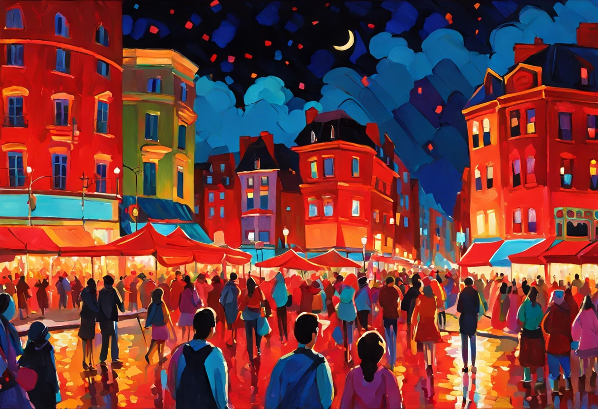 Vibrant city scene representing the phrase 'paint the town red' with lively celebrations at night.