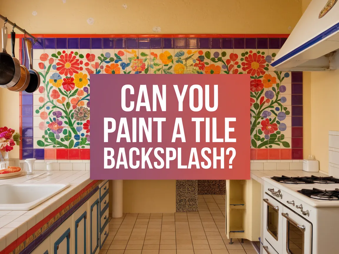 Colorful tile backsplash in a kitchen with painted floral design, showcasing the possibility of painting tile backsplashes.