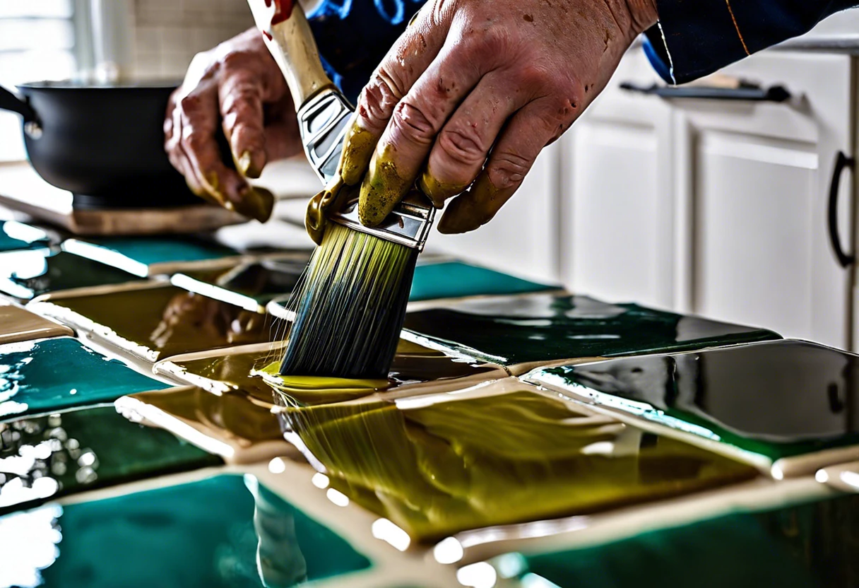 Hands painting a tile backsplash with a brush, demonstrating how to paint tile effectively.