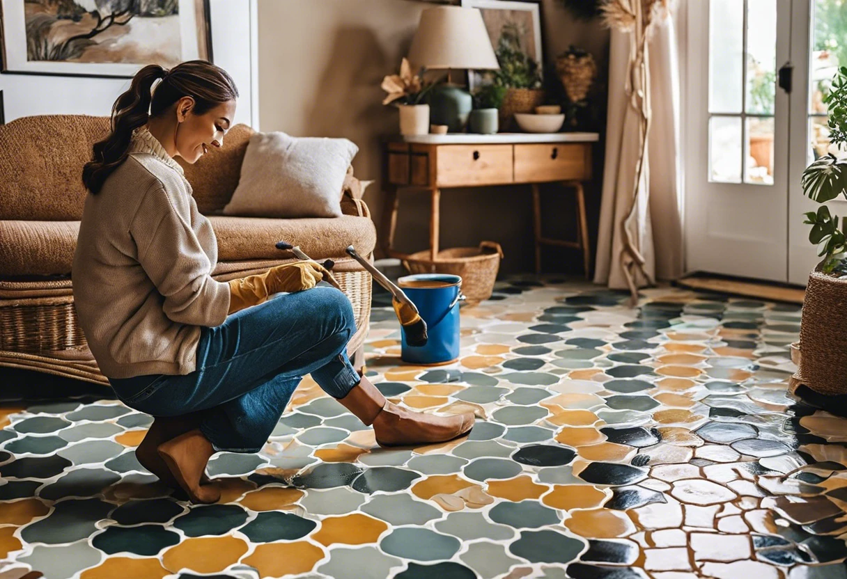 A woman painting colorful tile floors in a cozy living room, showcasing a DIY home improvement project.