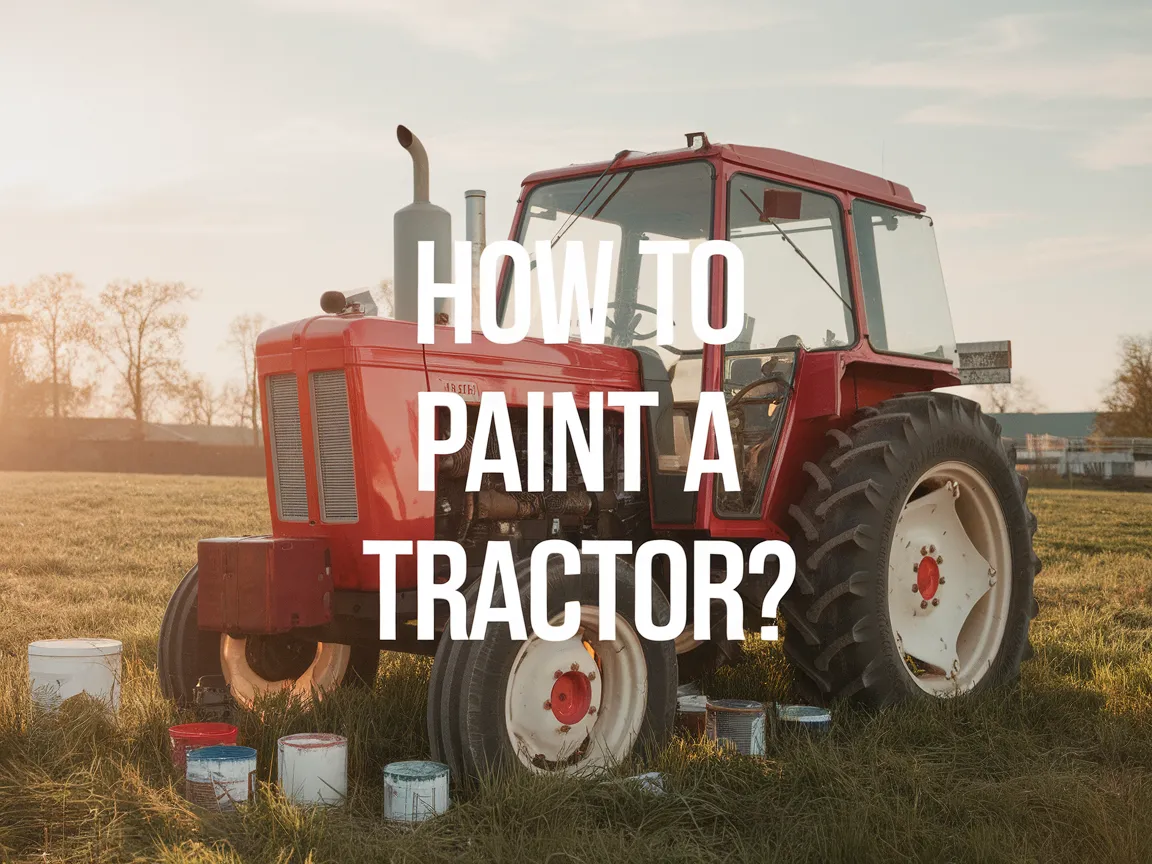 A red tractor in a field surrounded by paint cans, demonstrating the process of painting a tractor.