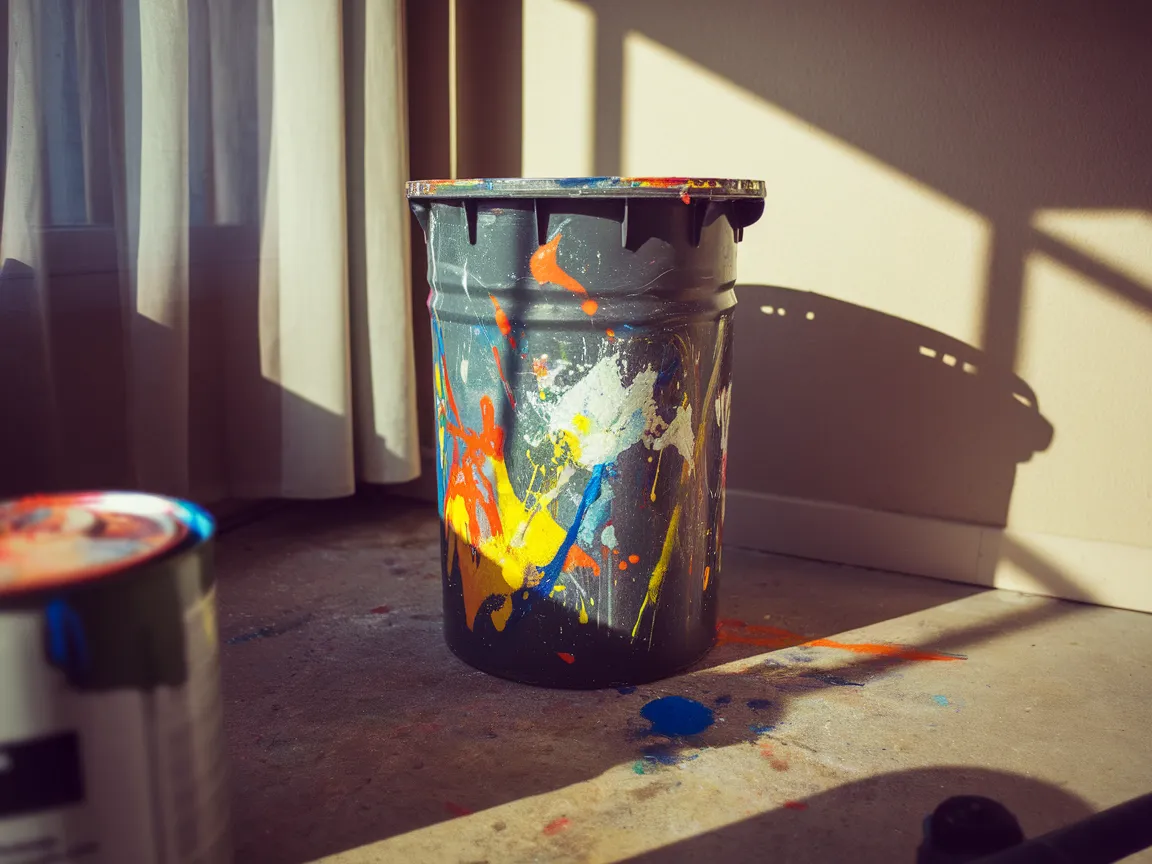 A colorful paint bucket with splatters, illustrating the topic of paint disposal.