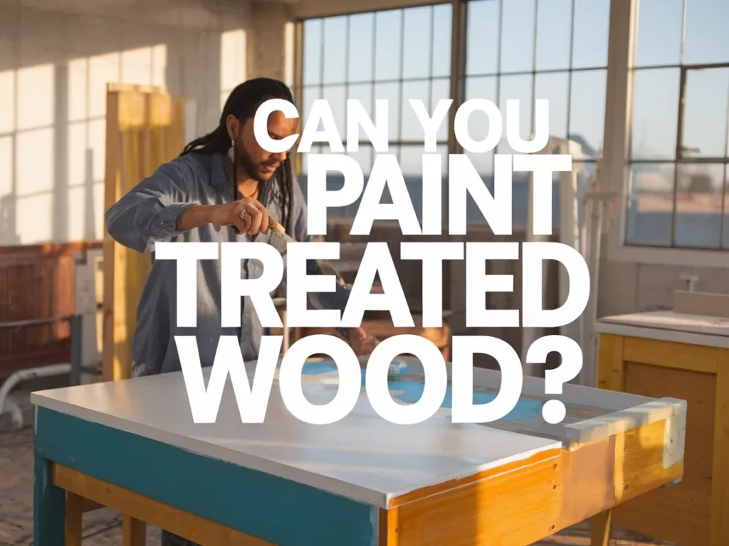 Person painting a treated wood surface, illustrating the process of painting treated wood.