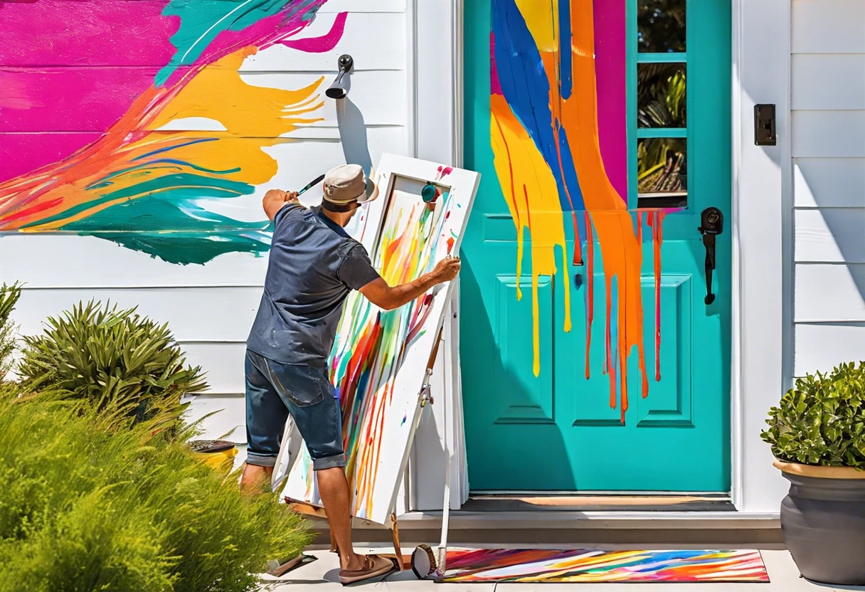 Person painting a vinyl door with vibrant colors, showcasing the painting process.