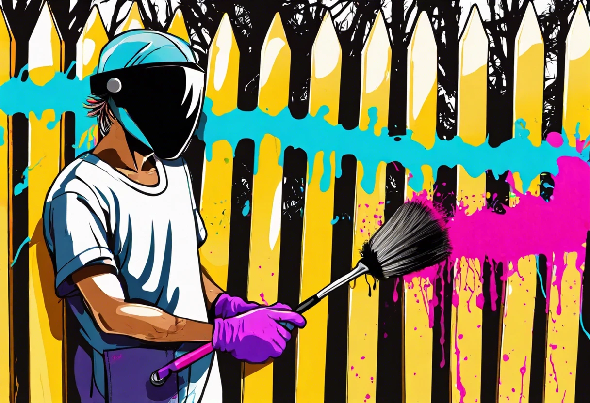 Person painting a vinyl fence with colorful paint, demonstrating the process of vinyl fence maintenance.