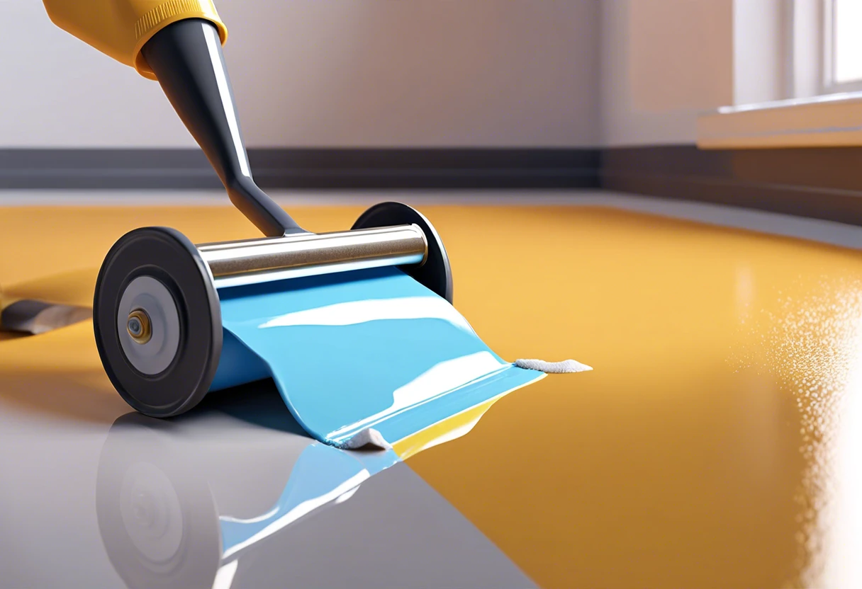 A person using a paint roller to apply paint on a vinyl floor, showcasing the process of painting vinyl flooring.