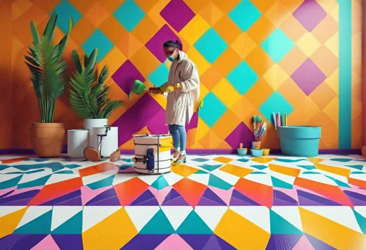 Person painting a colorful vinyl floor with geometric patterns in a vibrant room.