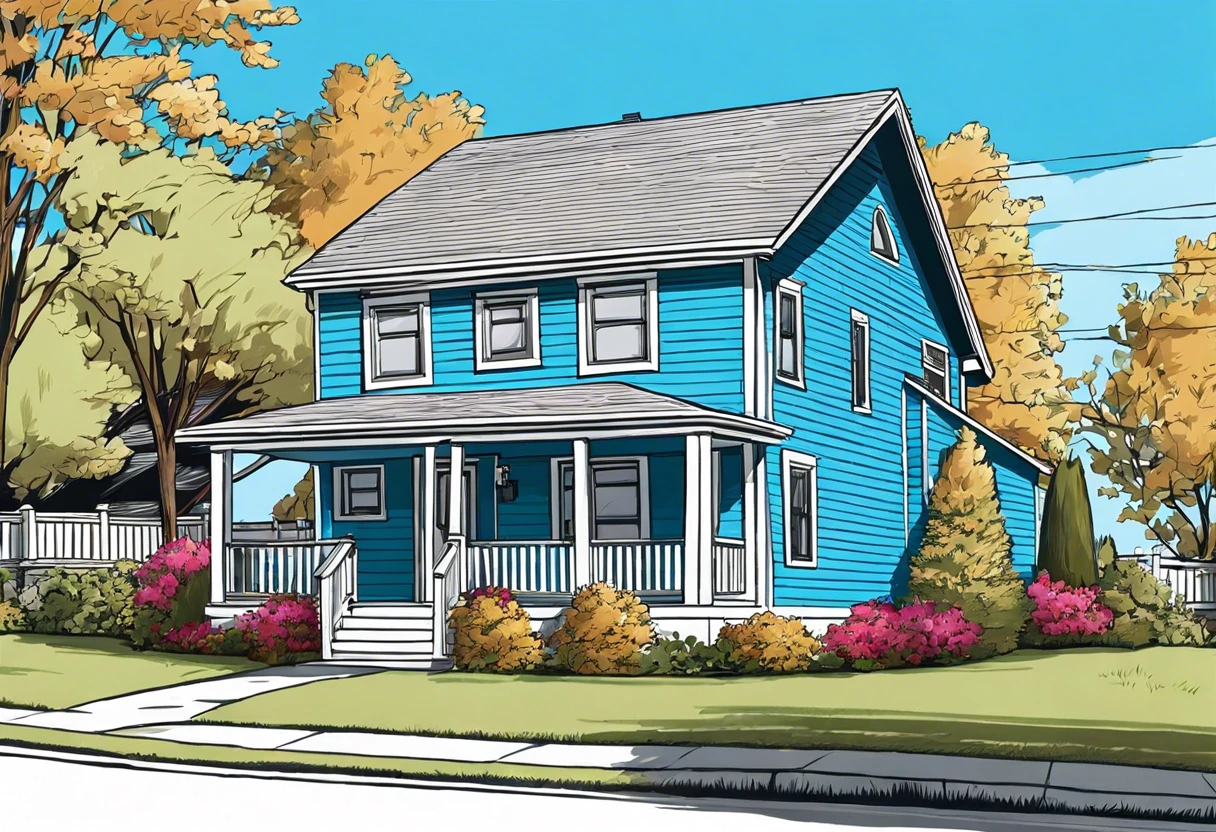 A blue house with vinyl siding and a front porch, illustrating the topic of painting vinyl siding.