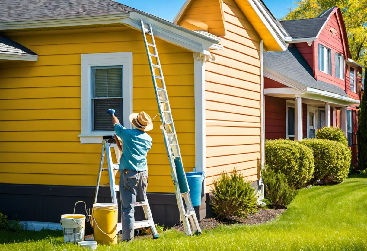 Person painting bright yellow vinyl siding on a house, demonstrating how to paint vinyl siding effectively.