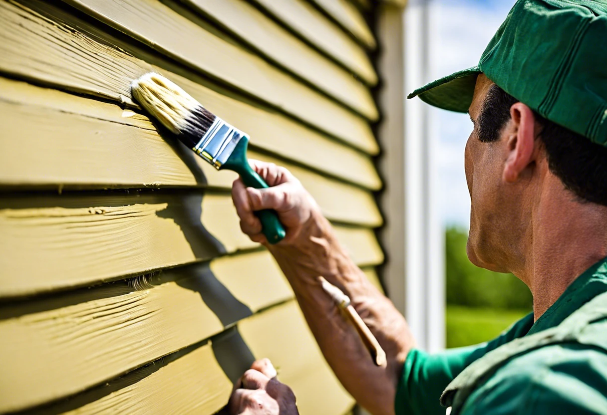 Person painting vinyl siding with a brush to refresh its color.