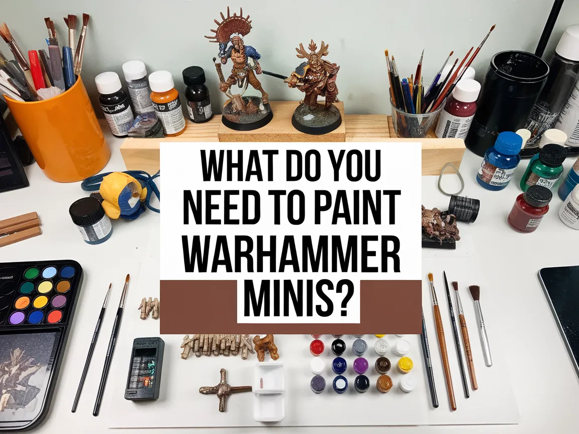 A well-organized workspace showing essential tools and paints for painting Warhammer minis.