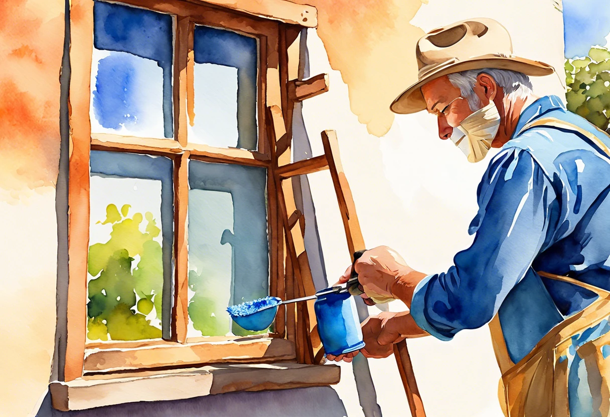 A person painting wooden window frames with a brush and blue paint, demonstrating how to paint window frames.