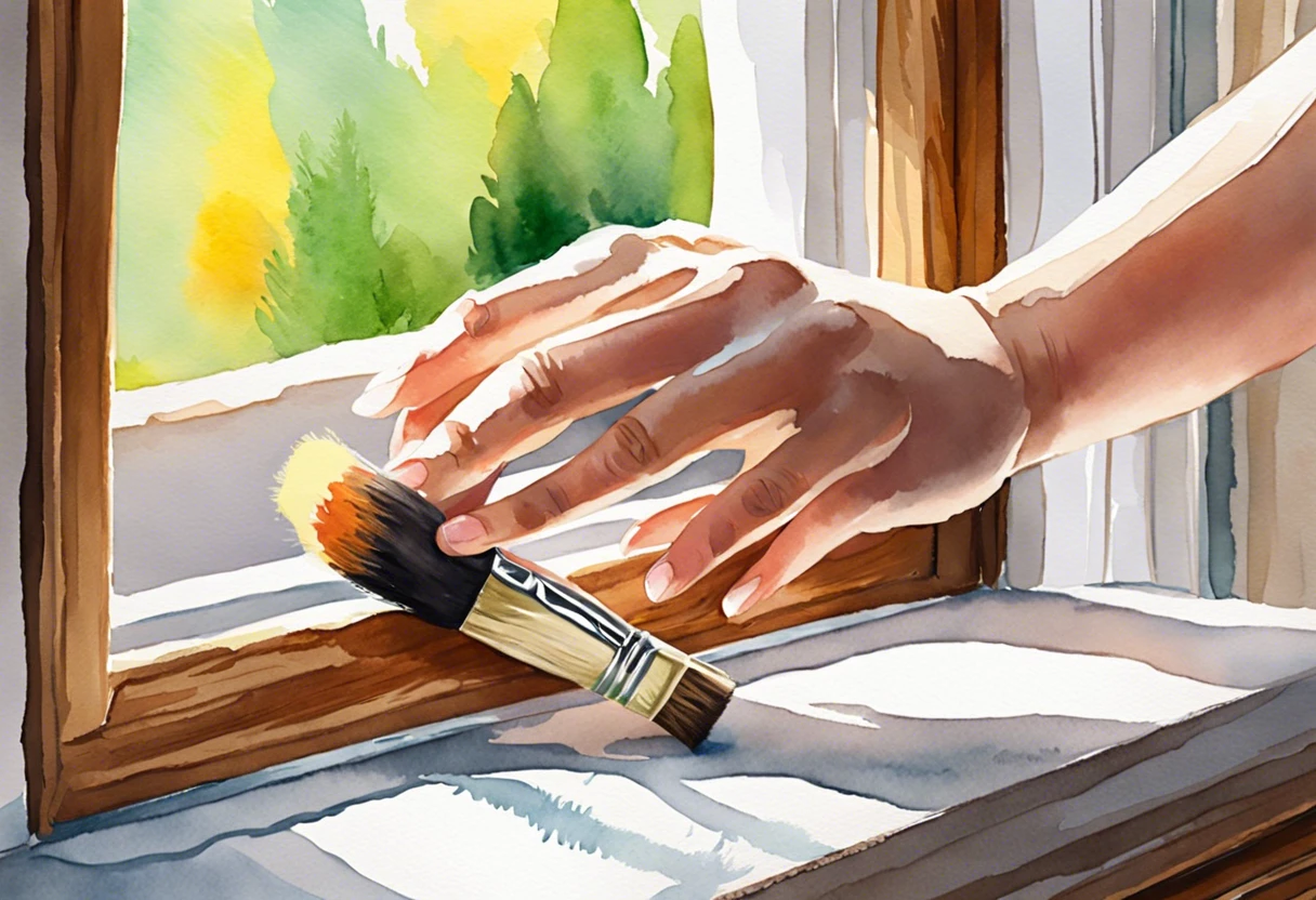 A hand painting a wooden window frame with a brush, demonstrating how to paint window frames.