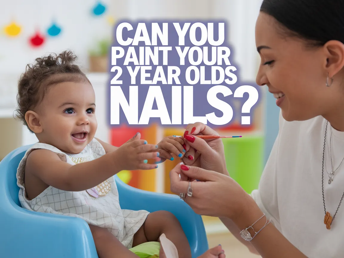 A joyful mother painting her 2 year old child's nails, showcasing a fun and safe nail painting experience.