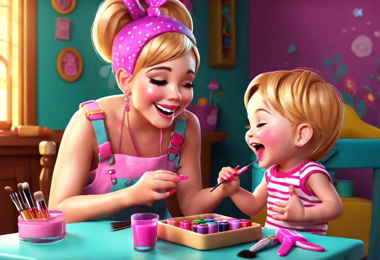 A joyful mother painting her 2-year-old daughter's nails with colorful nail polish in a playful setting.