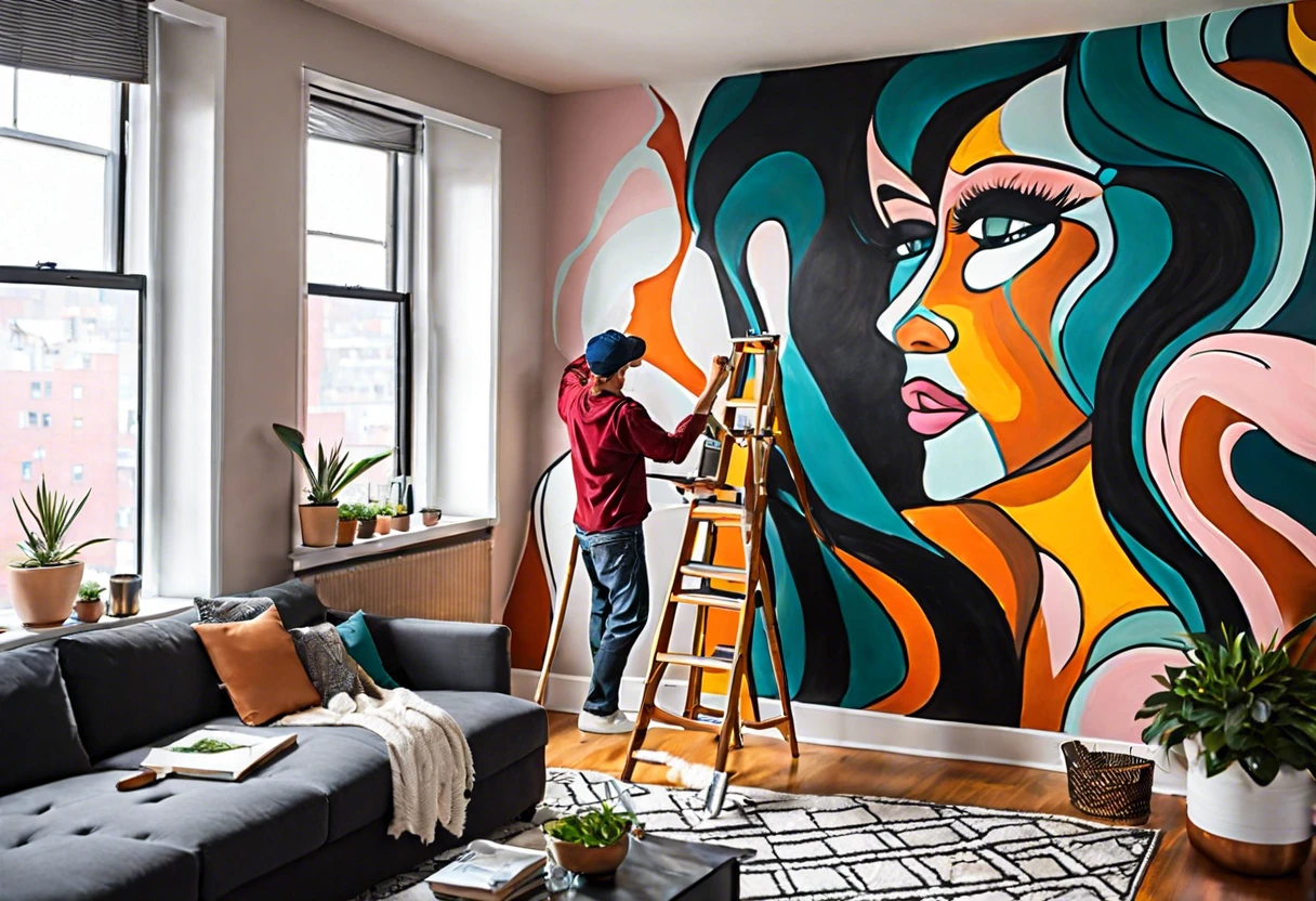 Person painting a colorful mural on the wall of an apartment