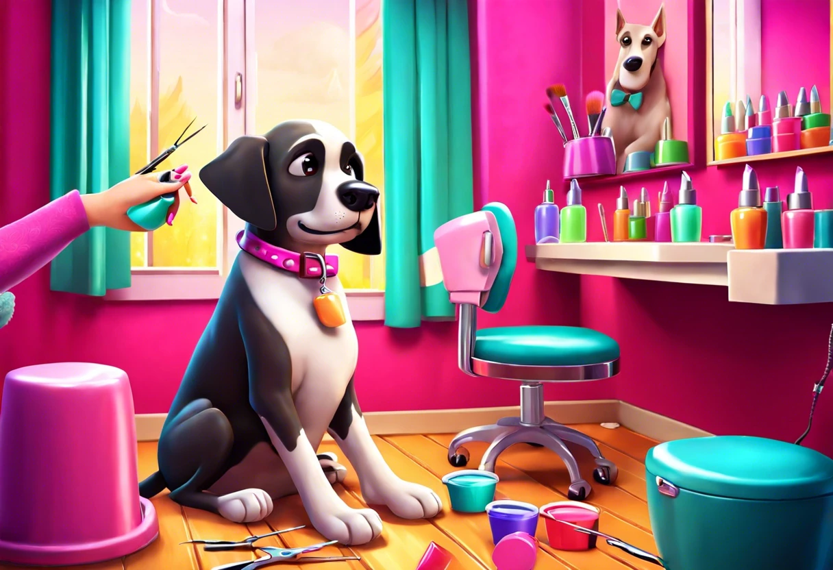 A dog sitting in a colorful grooming room, surrounded by nail polish and grooming tools, illustrating the concept of painting a dog's nails.