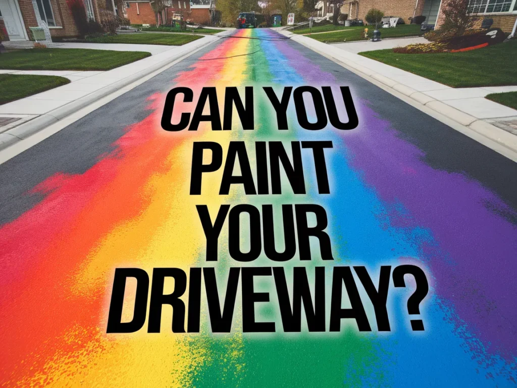 Colorful driveway painted with the question 'Can you paint your driveway?' suggesting driveway painting options.