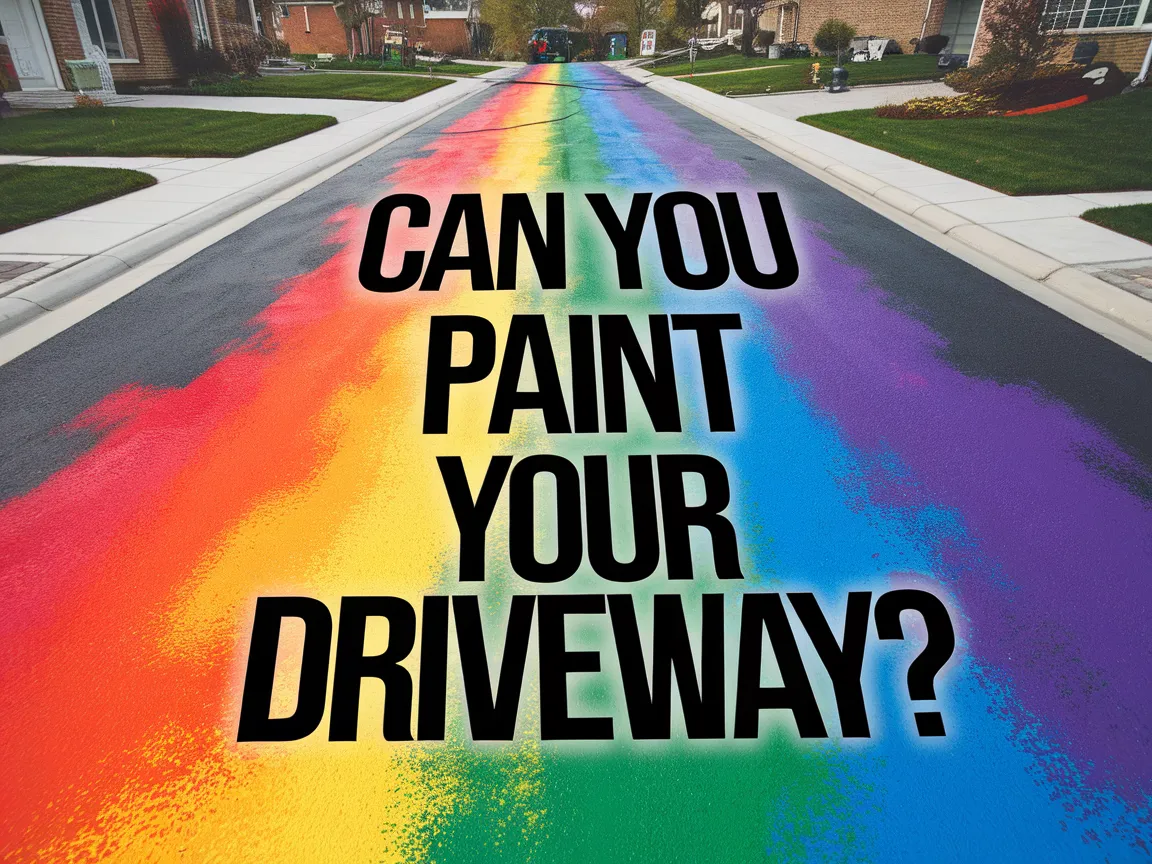 Colorful driveway painted with the question 'Can you paint your driveway?' suggesting driveway painting options.