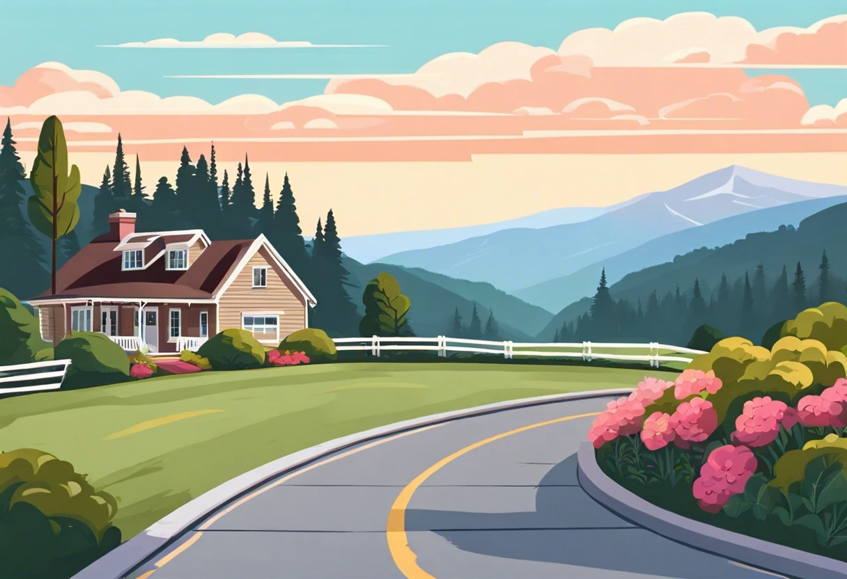 A scenic view of a driveway beside a house and garden, illustrating the concept of painting your driveway.