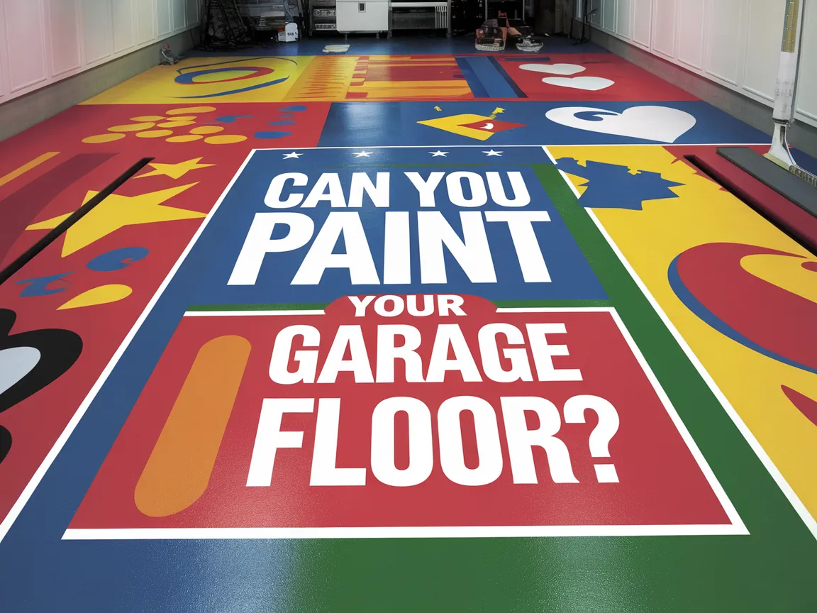 Colorful painted garage floor with the text 'Can You Paint Your Garage Floor?' showcasing ideas for garage floor painting.