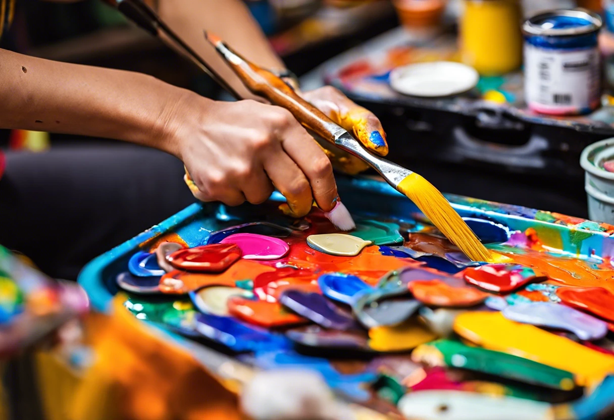 A close-up of a hand holding a brush above a palette of colorful paints, related to painting license plates.