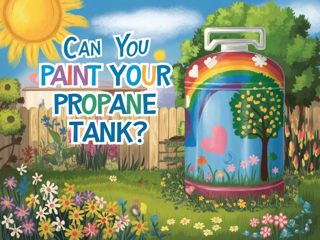Colorfully painted propane tank in a garden with flowers and sunshine, related to the article on painting propane tanks.