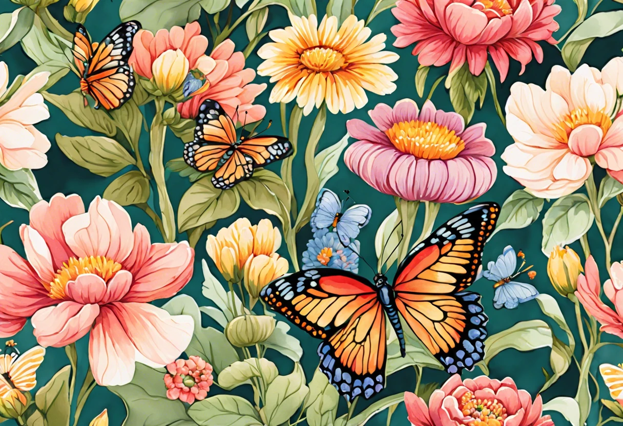 Colorful butterflies among flowers in a paint by number artwork