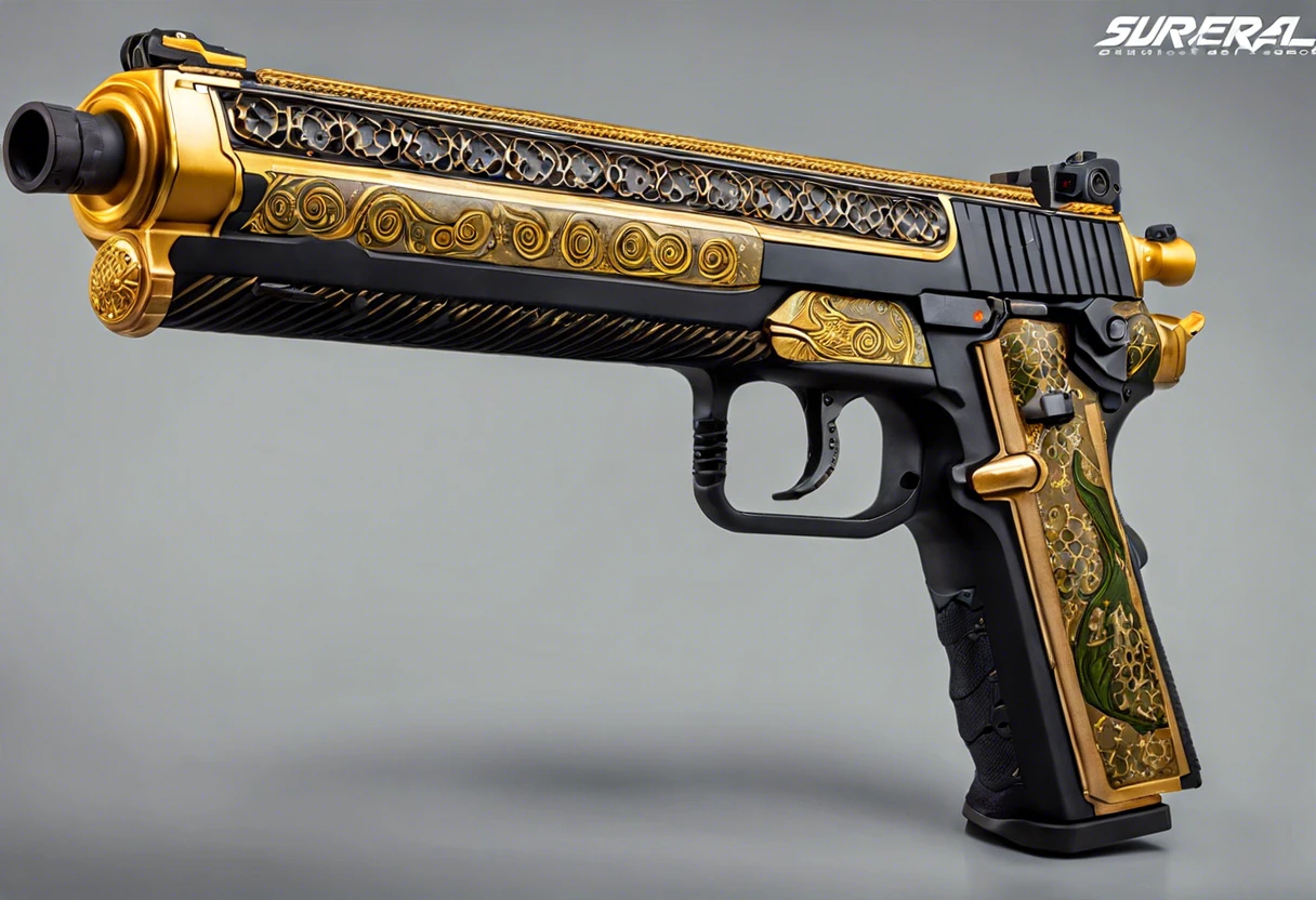 Custom painted airsoft gun with intricate gold and green designs, showcasing painting techniques.