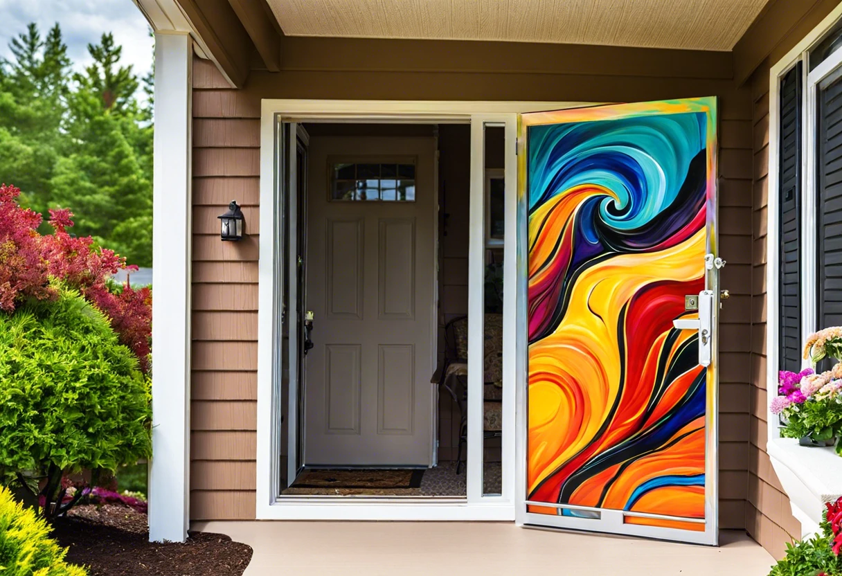 Vibrant painted aluminum storm door showcasing colorful swirls, demonstrating the possibility of painting aluminum doors.