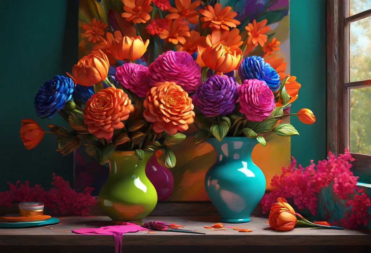 Vibrant painted artificial flowers in colorful vases, showcasing the potential of painting faux blooms.