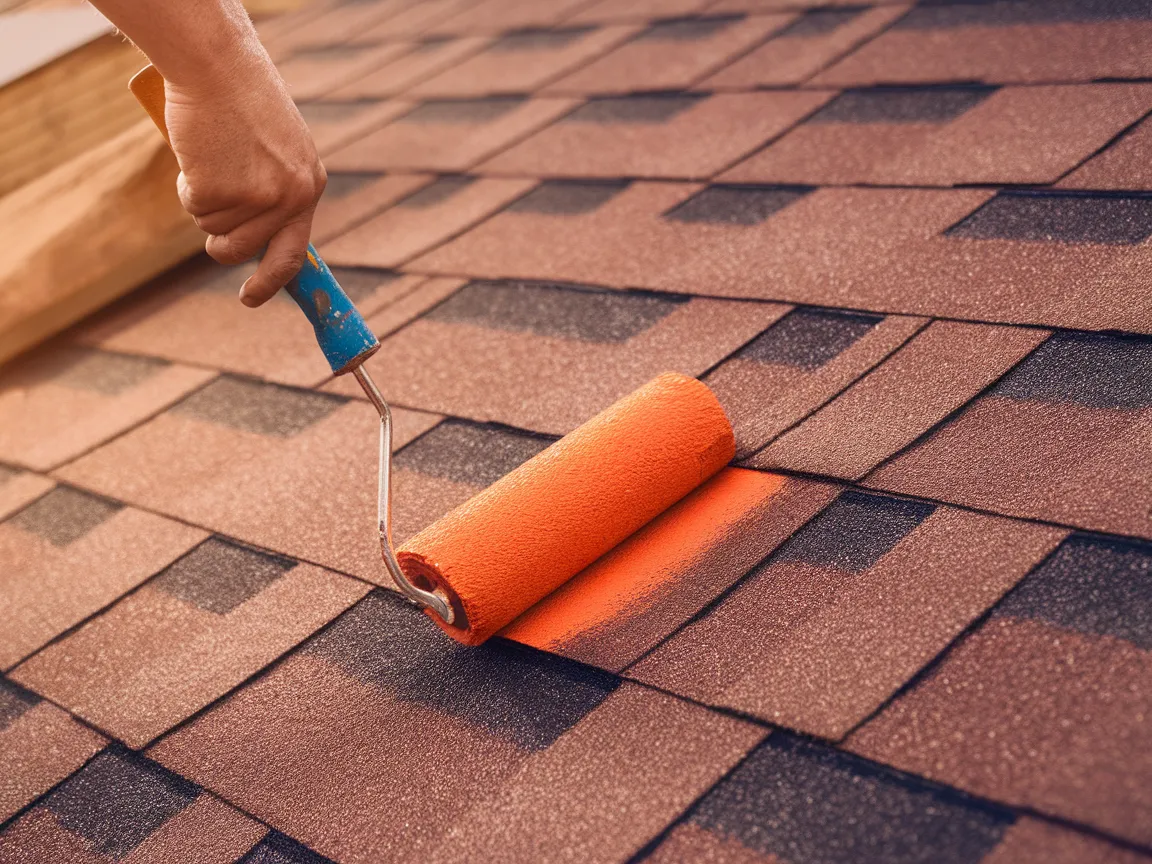 A person painting asphalt roof shingles with an orange paint roller, illustrating how asphalt shingles can be painted.