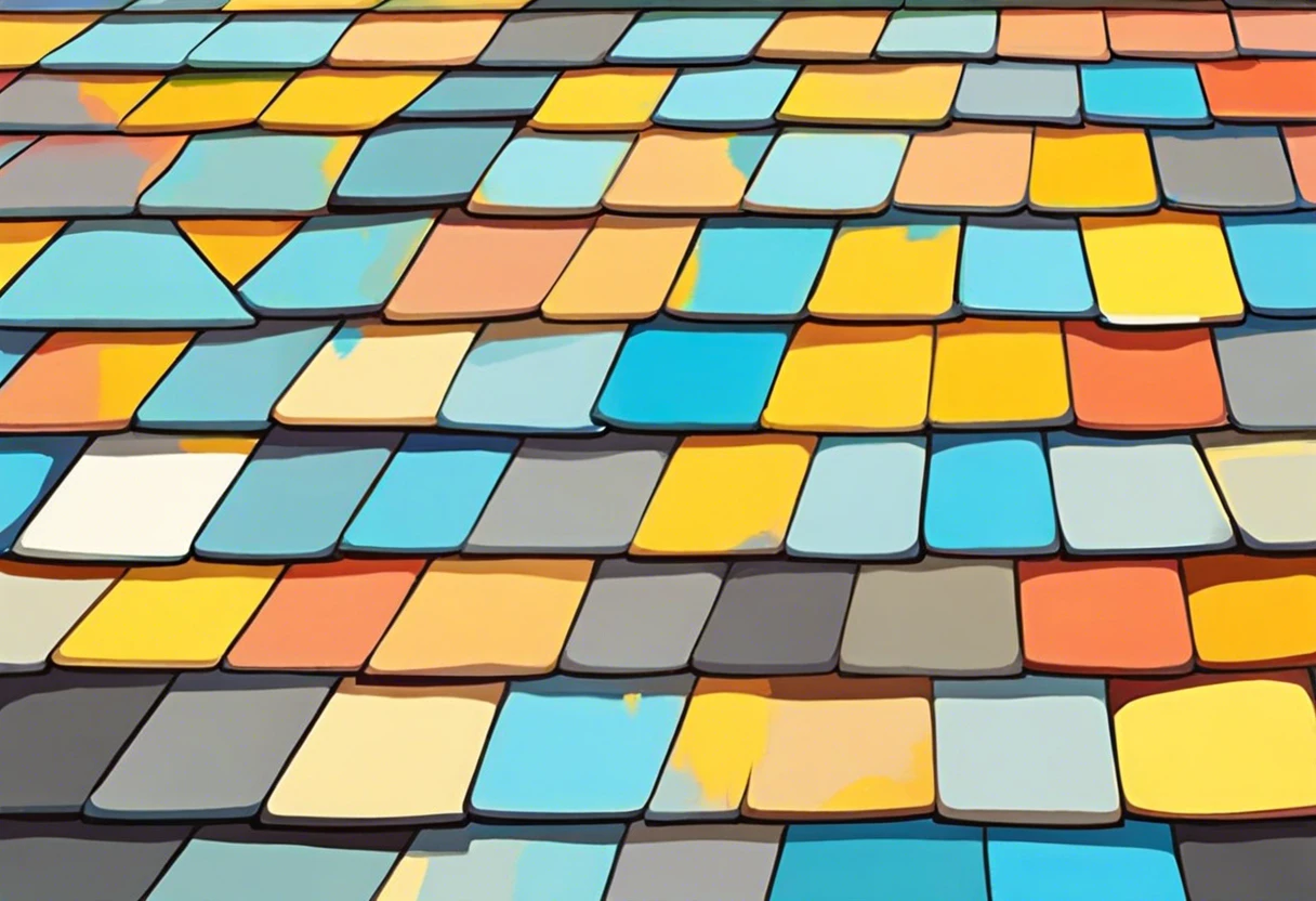 A close-up view of asphalt roof shingles painted in various colors, demonstrating the painting process.