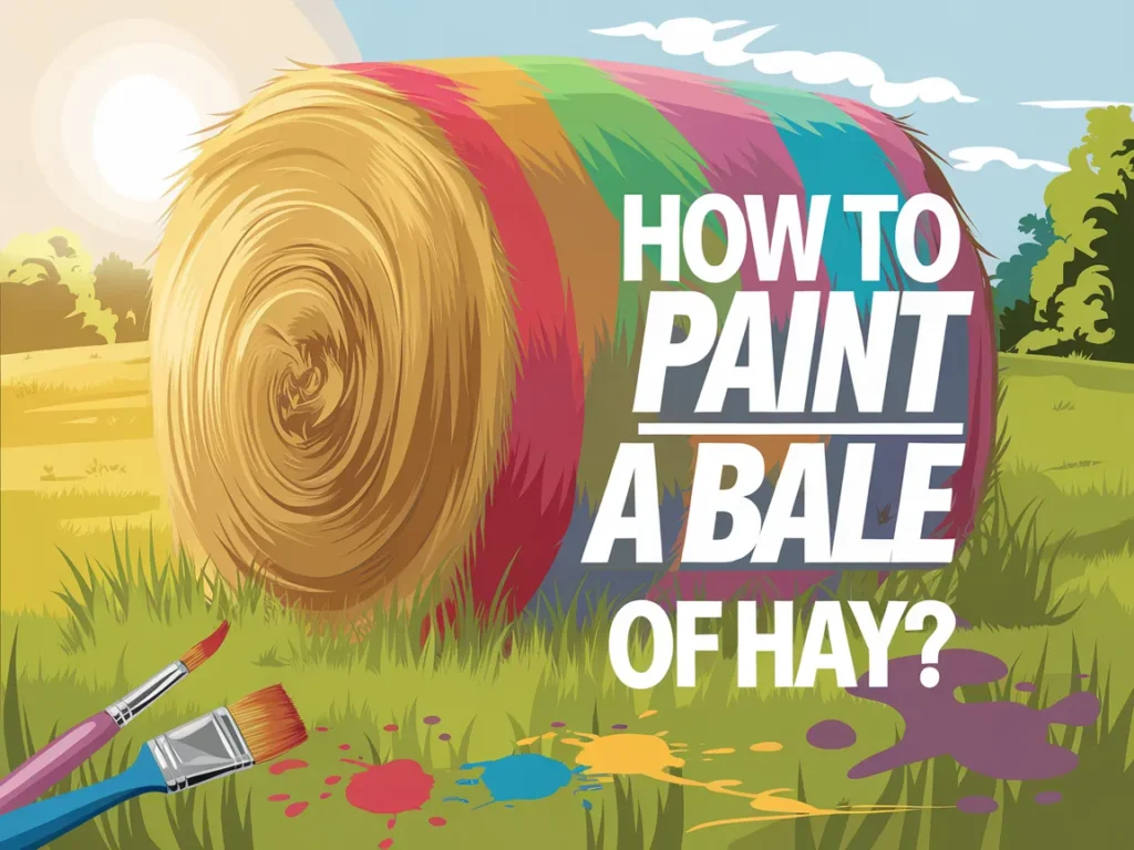 Colorfully painted bale of hay in a sunny field, demonstrating the process of how to paint a bale of hay.