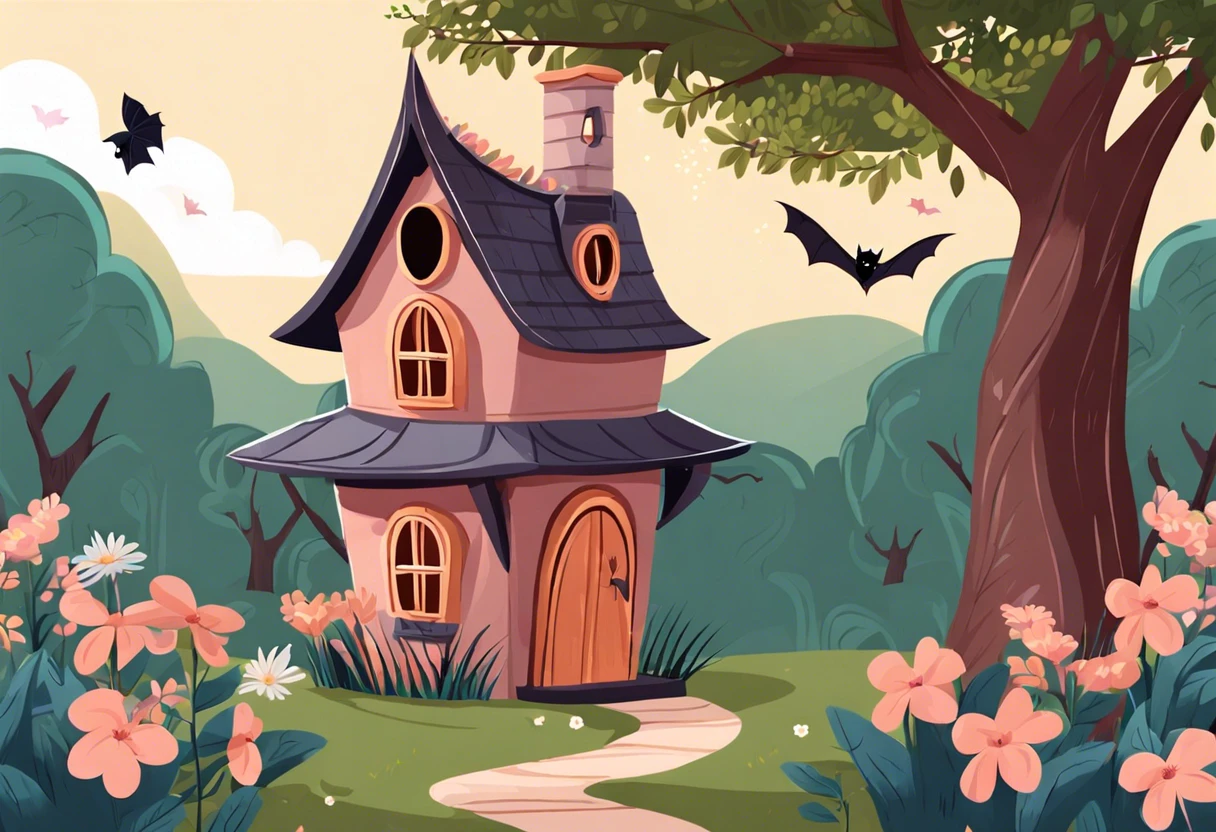 A charming bat house surrounded by flowers and trees, showcasing a painted design ideal for attracting bats.
