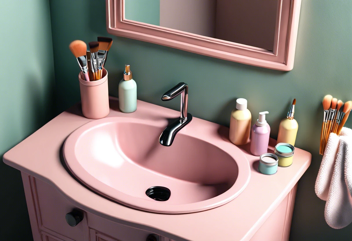 A beautifully painted bathroom sink with cosmetics and brushes, illustrating DIY sink painting.