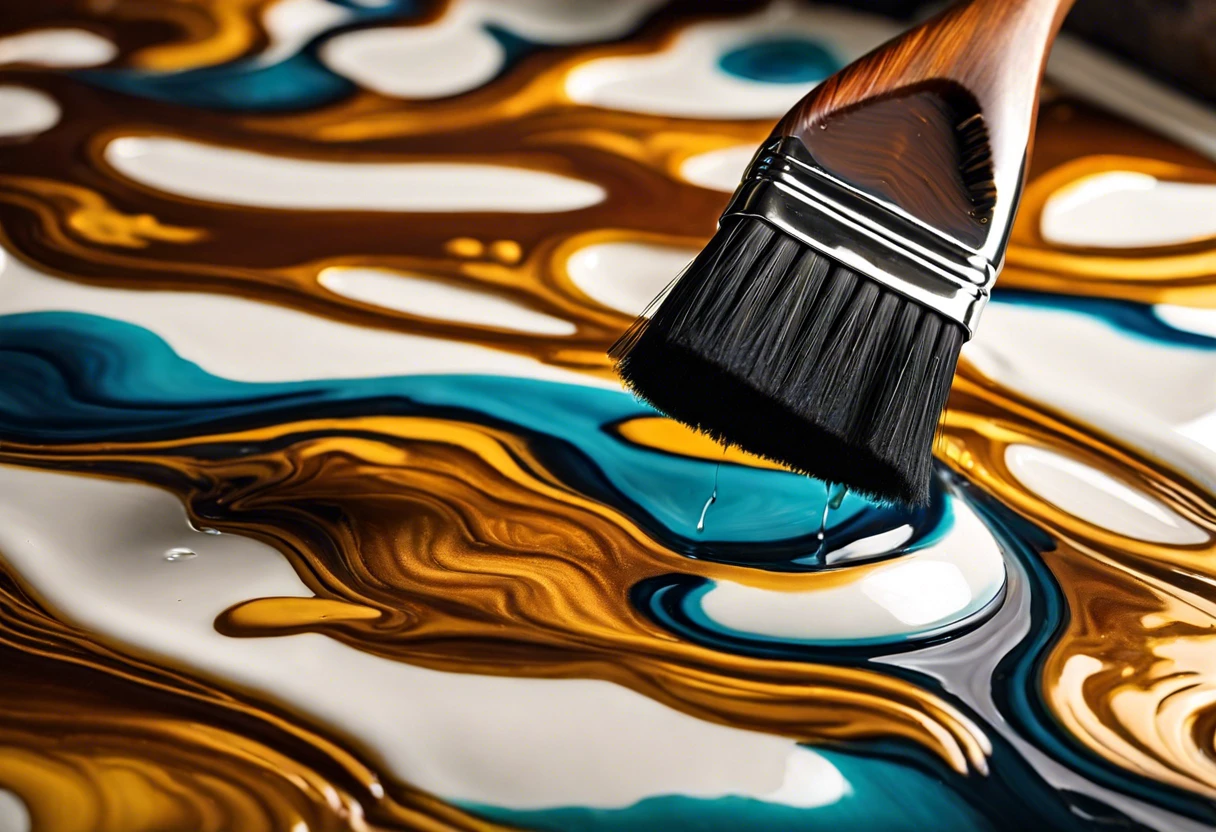 A close-up of a paintbrush applying paint on bathroom tile, illustrating how bathroom tiles can be painted.