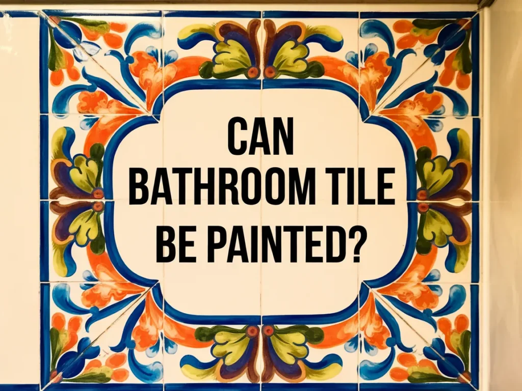 Colorful mural with the question Can Bathroom Tile Be Painted, emphasizing tile painting options