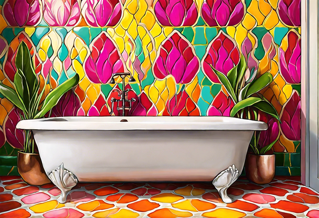 Vibrant bathroom with painted tiles featuring colorful floral designs, illustrating the potential of painting bathroom tiles.
