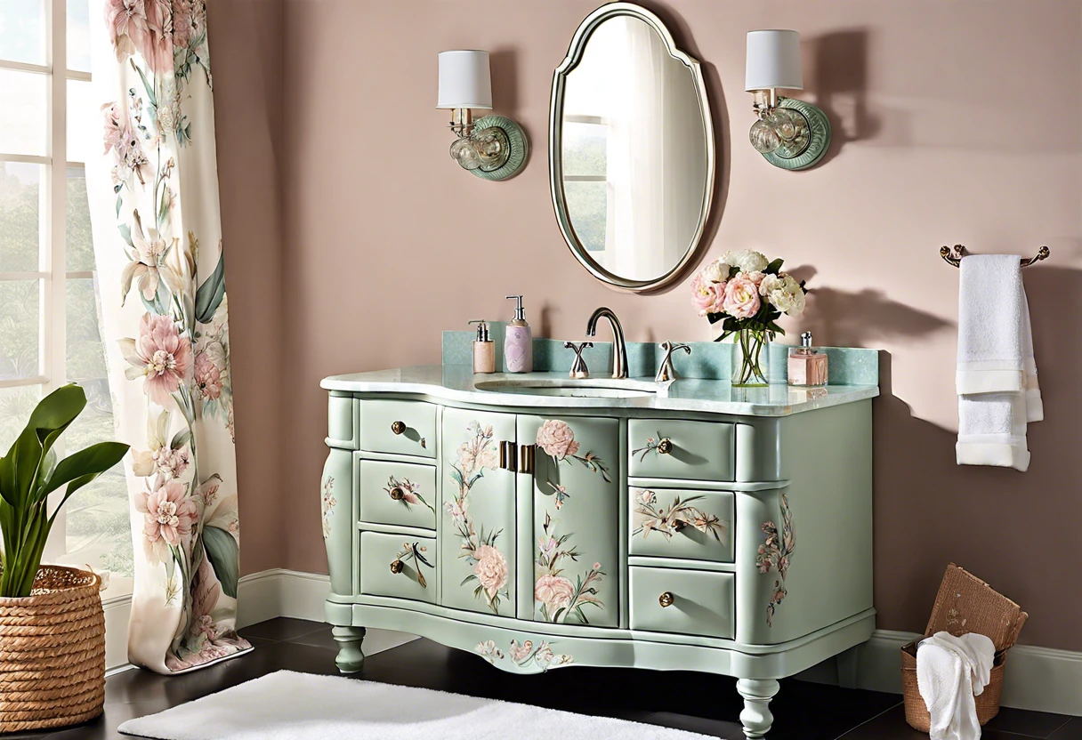 Beautifully painted bathroom vanity with floral details in a modern setting.