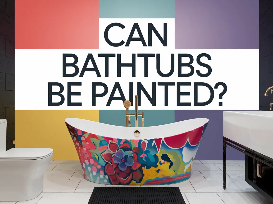 Colorful painted bathtub with question Can Bathtubs Be Painted in the background, illustrating the topic of bathtub painting.